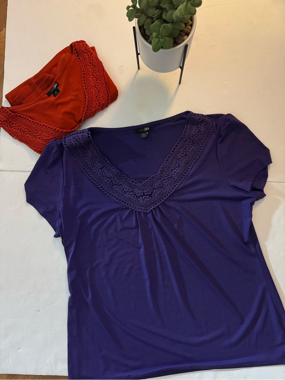 East 5th Purple Short-Sleeve V-Neck Tee with Crochet Trim